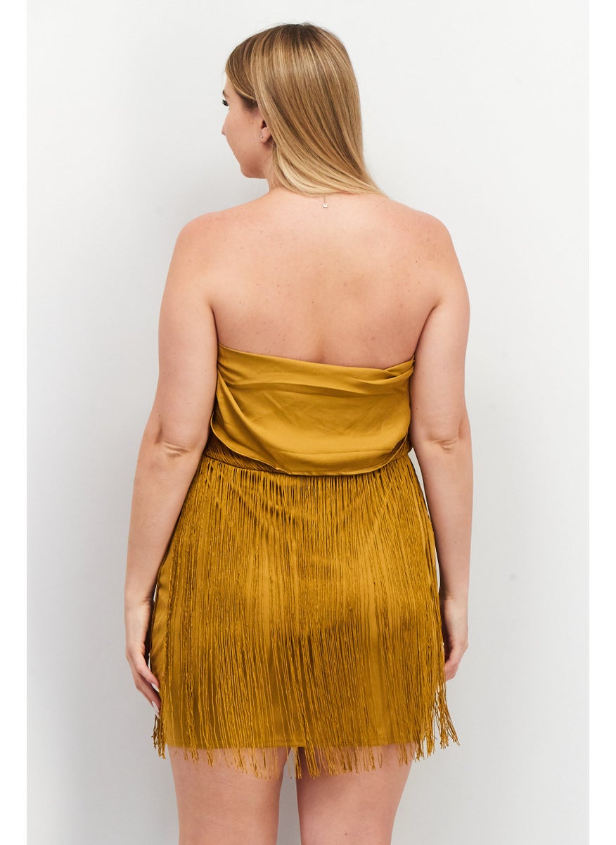 Women Sweetheart Neck Fringed Hem Mini Dress, Gold