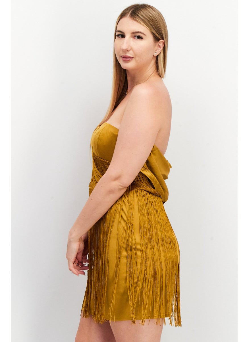 Women Sweetheart Neck Fringed Hem Mini Dress, Gold