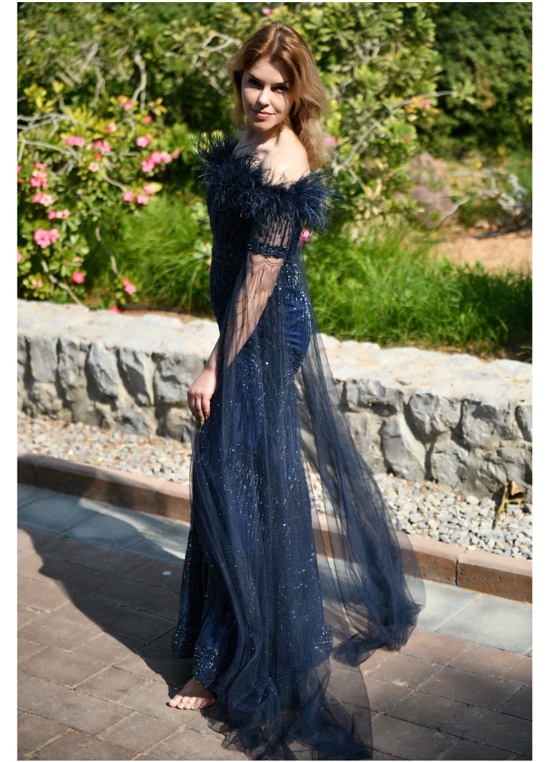Midnight Elegance Off Shoulder Gown with Dramatic Sheer Cape