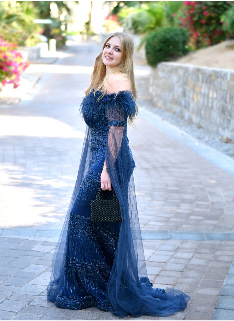 Midnight Elegance Off Shoulder Gown with Dramatic Sheer Cape
