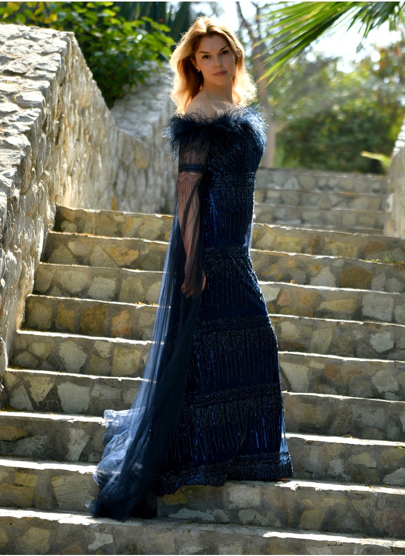 Midnight Elegance Off Shoulder Gown with Dramatic Sheer Cape