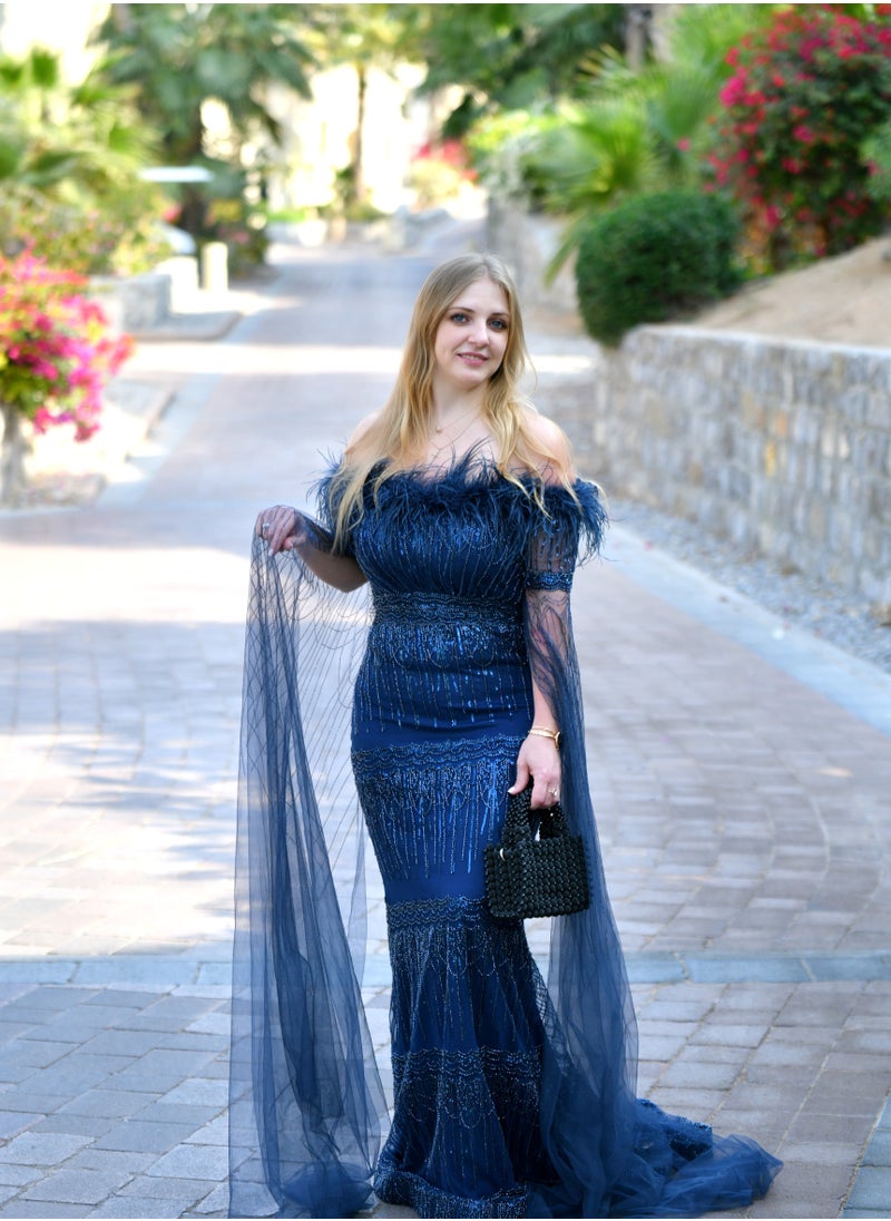 Midnight Elegance Off Shoulder Gown with Dramatic Sheer Cape