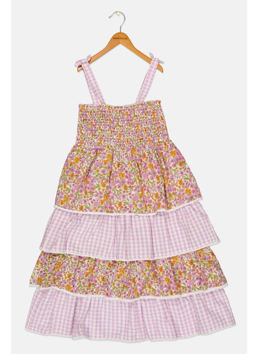 Kids Girl Floral Layered Dress, Pink Combo