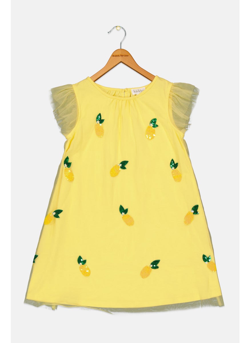 Kids Girl Allover Print Dress, Bright Yellow