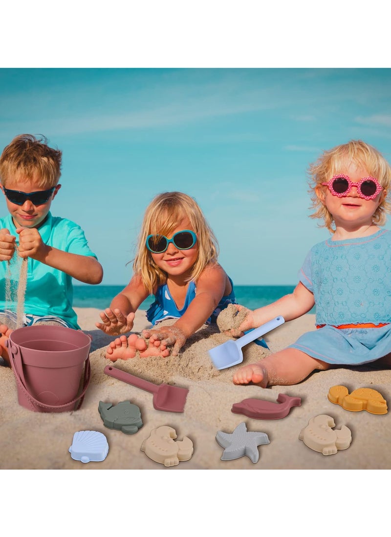 8 Pcs Silicone Beach Toys and 1 Mesh Beach Bag Set Collapsible Sand Toys Travel Sand Box Bucket Shovel and 3D Marine Theme Molds for Summer Outdoor (Blue)