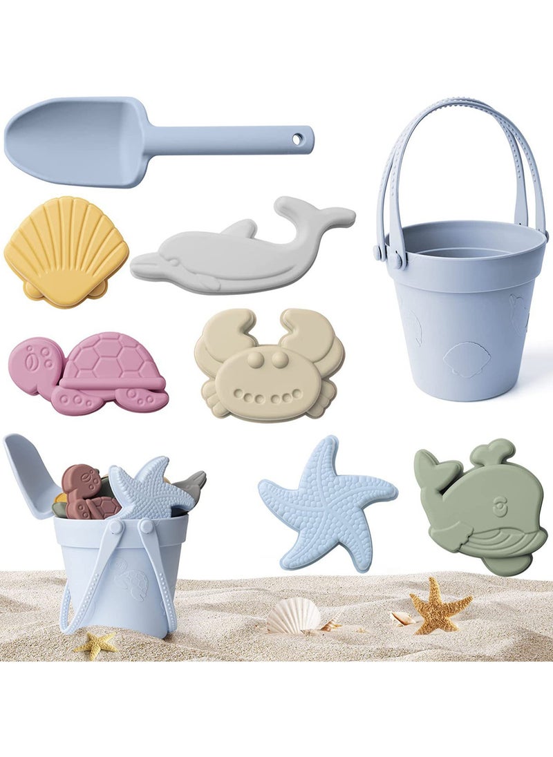 8 Pcs Silicone Beach Toys and 1 Mesh Beach Bag Set Collapsible Sand Toys Travel Sand Box Bucket Shovel and 3D Marine Theme Molds for Summer Outdoor (Blue)