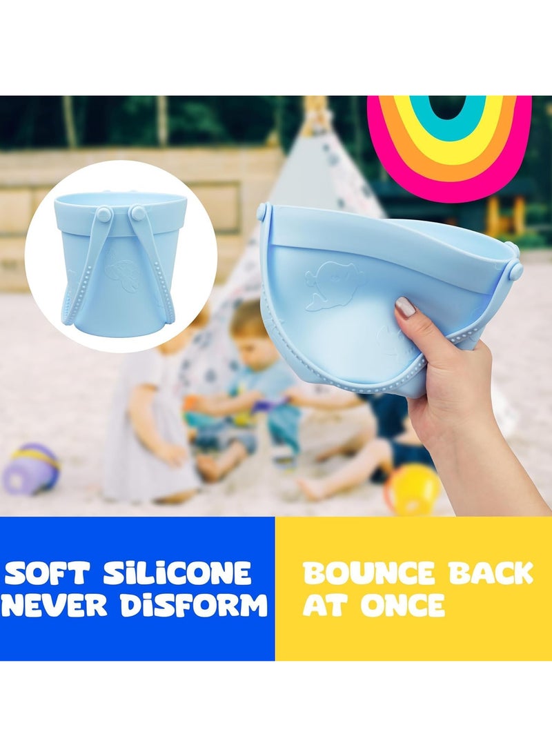 8 Pcs Silicone Beach Toys and 1 Mesh Beach Bag Set Collapsible Sand Toys Travel Sand Box Bucket Shovel and 3D Marine Theme Molds for Summer Outdoor (Blue)