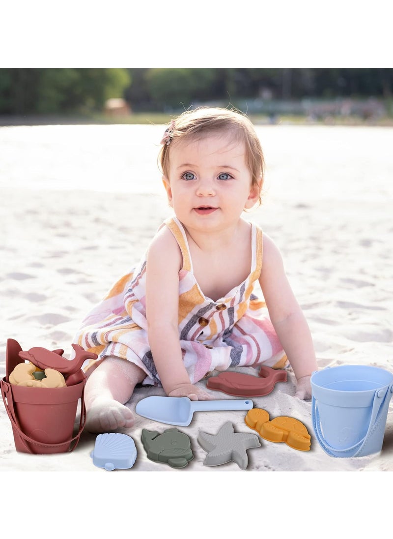 8 Pcs Silicone Beach Toys and 1 Mesh Beach Bag Set Collapsible Sand Toys Travel Sand Box Bucket Shovel and 3D Marine Theme Molds for Summer Outdoor (Blue)