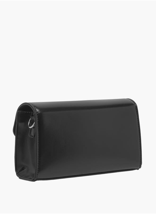 Women Logo Embossed Crossbody Bag with Detachable Strap and Flap Closure