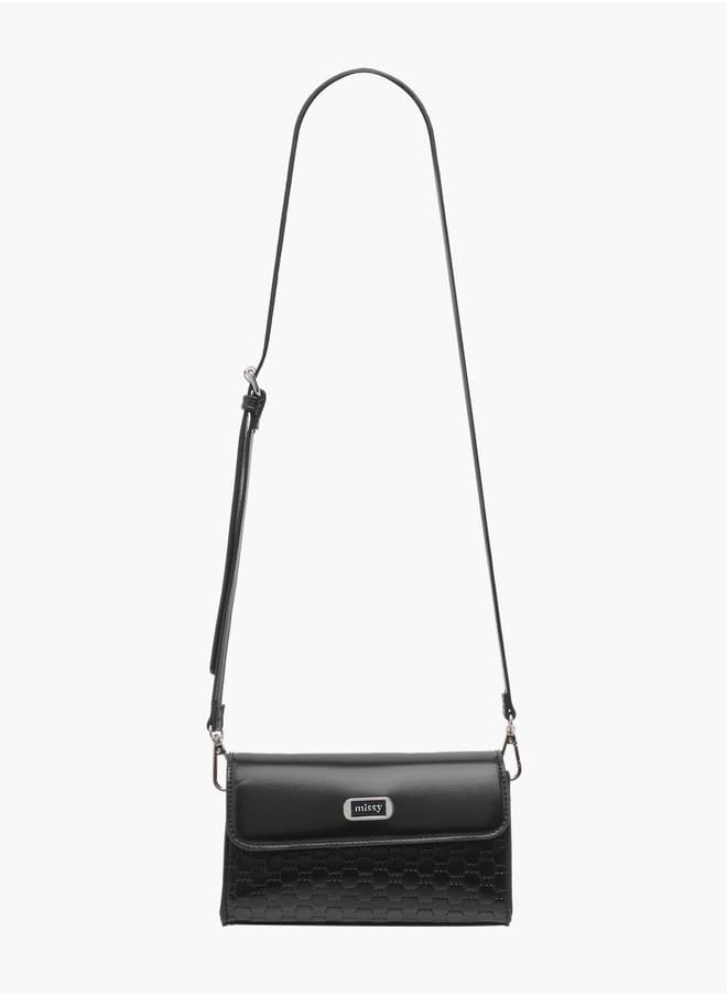 Women Logo Embossed Crossbody Bag with Detachable Strap and Flap Closure