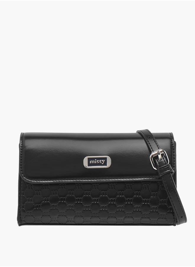 Women Logo Embossed Crossbody Bag with Detachable Strap and Flap Closure