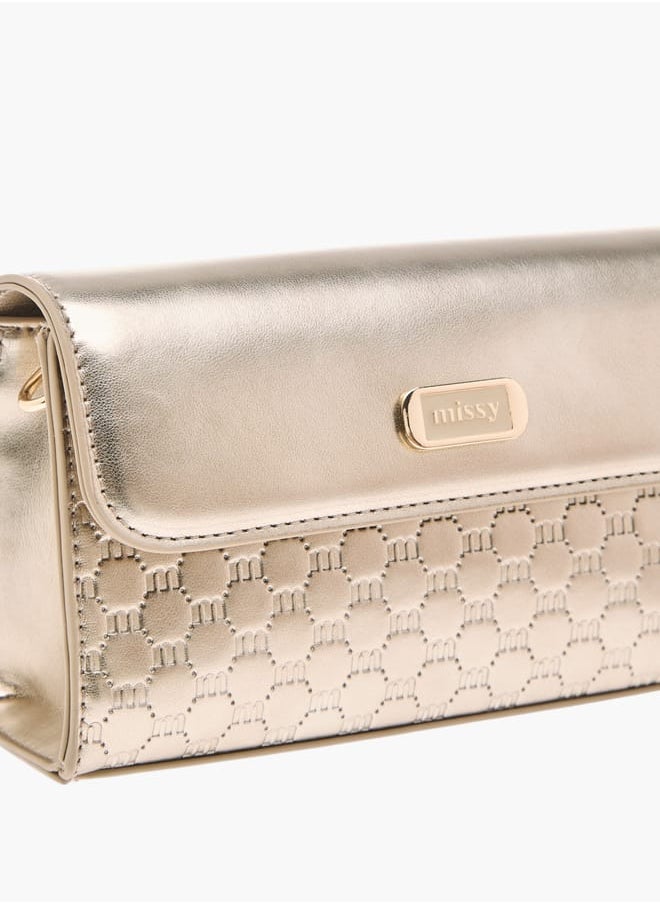Women Logo Embossed Crossbody Bag with Detachable Strap and Flap Closure