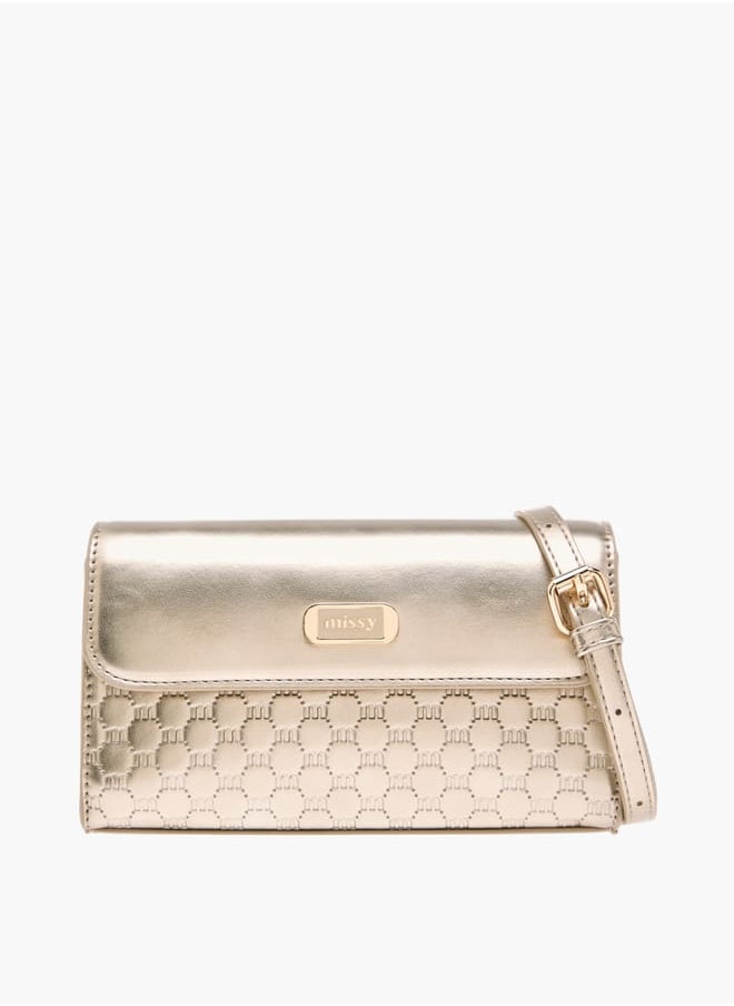 Women Logo Embossed Crossbody Bag with Detachable Strap and Flap Closure