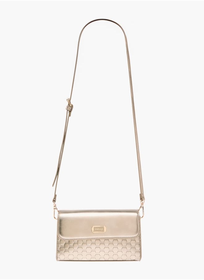 Women Logo Embossed Crossbody Bag with Detachable Strap and Flap Closure