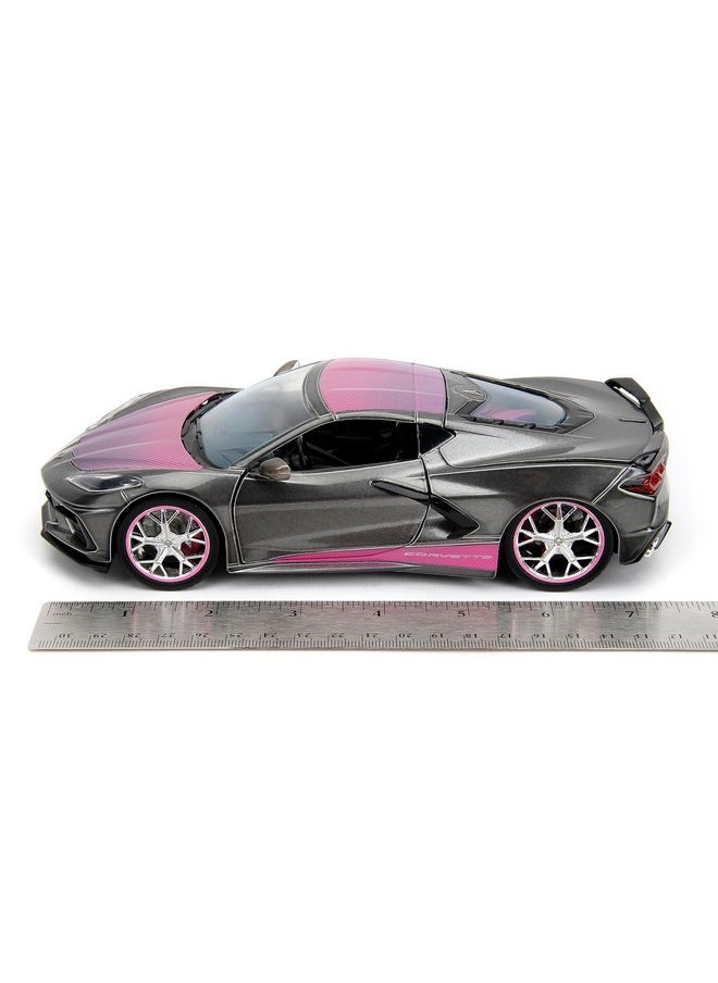 Pink Slips 1:24 W2 2020 Chevy Corvette Stingray Die-Cast Car W/Base, Toys For Kids And Adults(Metallic Grey/Pink)