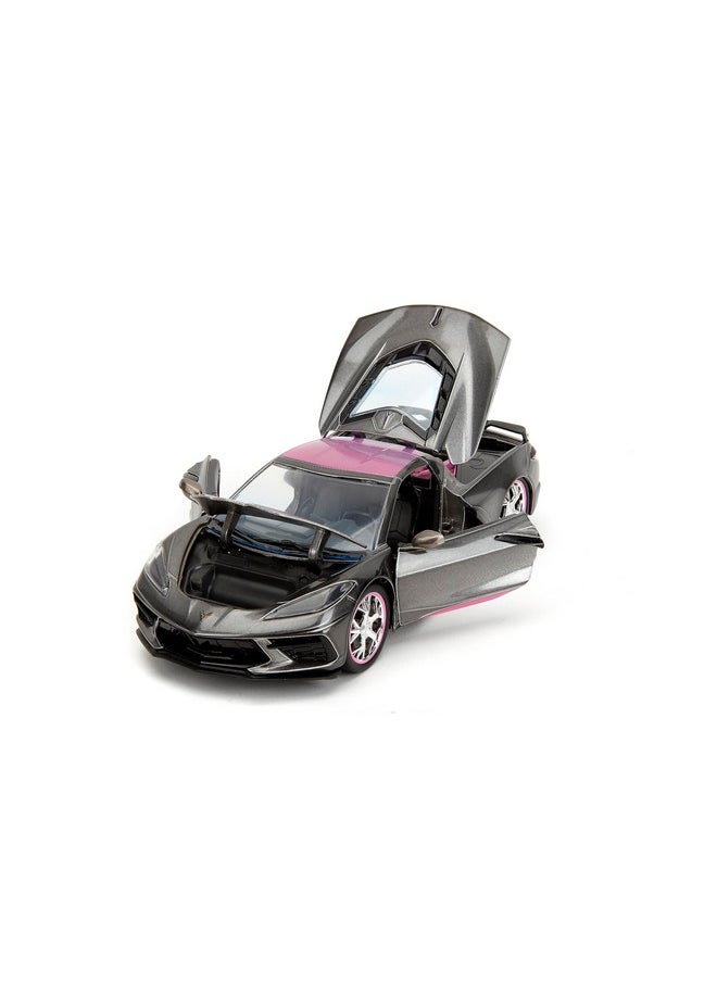 Pink Slips 1:24 W2 2020 Chevy Corvette Stingray Die-Cast Car W/Base, Toys For Kids And Adults(Metallic Grey/Pink)