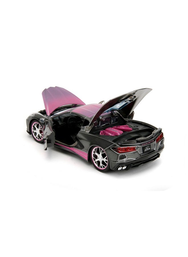Pink Slips 1:24 W2 2020 Chevy Corvette Stingray Die-Cast Car W/Base, Toys For Kids And Adults(Metallic Grey/Pink)