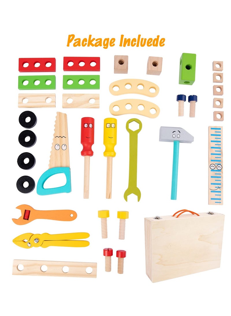 Wooden Tool kit for Kid Wooden Tool Box with 35pcs Wooden Tool Kit for Kids Educational Construction Toy Building Toy Set Creative DIY Gift Idea for Toddlers Boys and Girls
