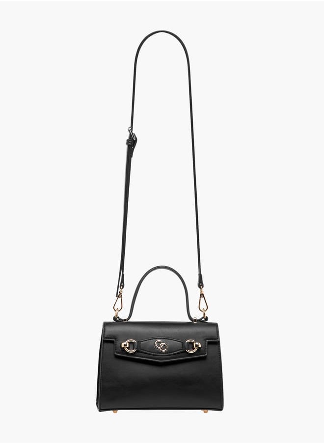 Women Solid Satchel Bag with Detachable Strap and Button Closure