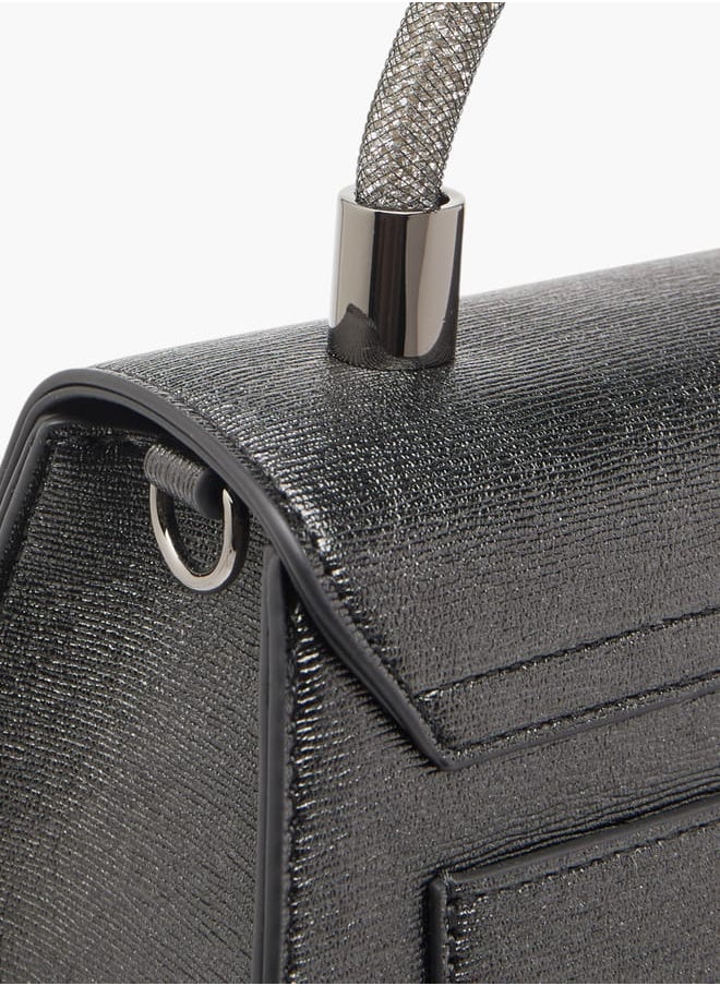 Women Textured Satchel Bag with Detachable Strap and Flap Closure