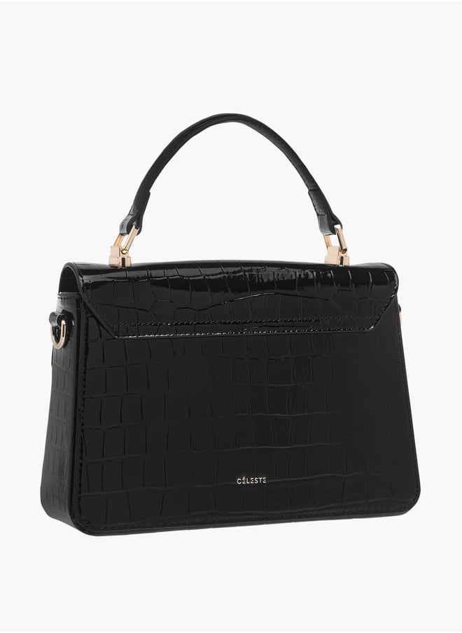 Women Textured Satchel Bag with Grab Handle and Button Closure