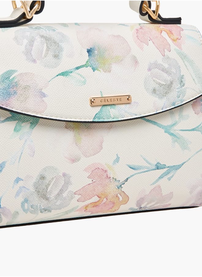 Women All-Over Floral Print Satchel Bag with Detachable Strap and Flap Closure