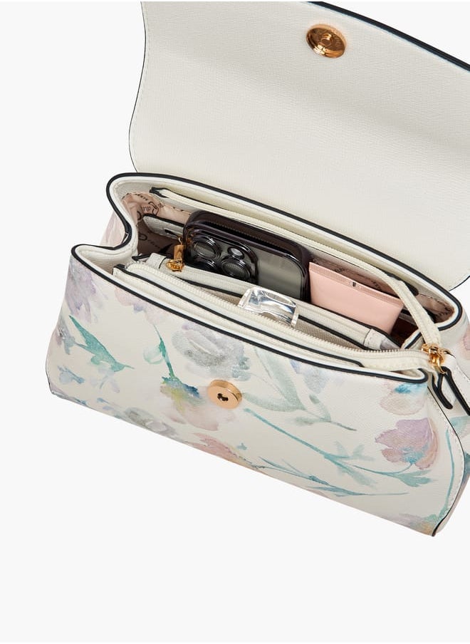 Women All-Over Floral Print Satchel Bag with Detachable Strap and Flap Closure