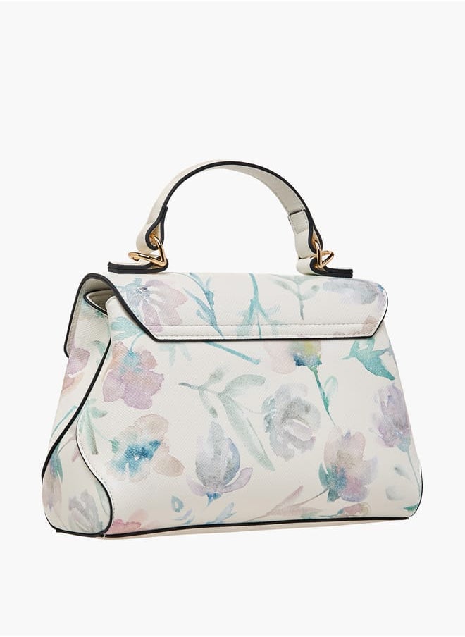 Women All-Over Floral Print Satchel Bag with Detachable Strap and Flap Closure