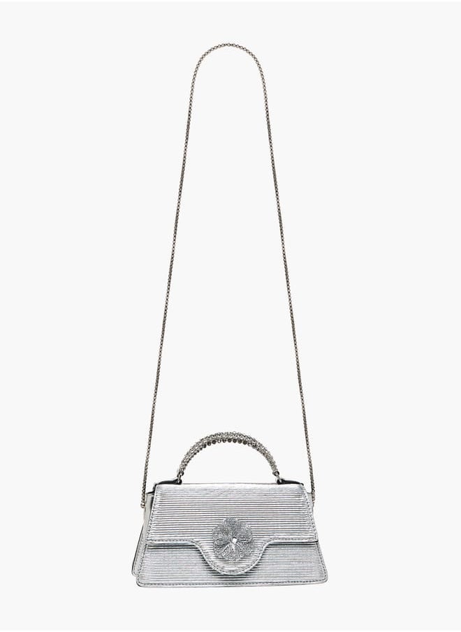 Women Floral Embellished Satchel Bag with Chain Strap and Top Handle Ramadan Collection