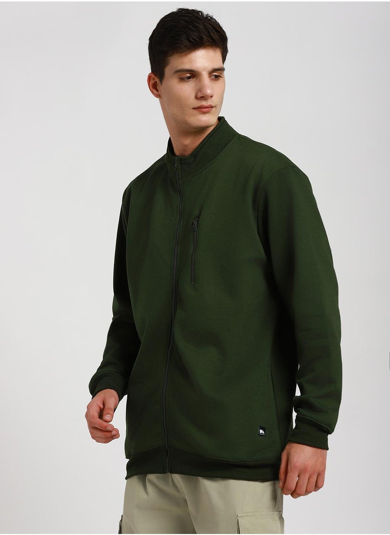 Regular Fit Olive Mock Neck Sweatshirt for Men - Polycotton, Solid, Full Sleeves, Knitted Fabric