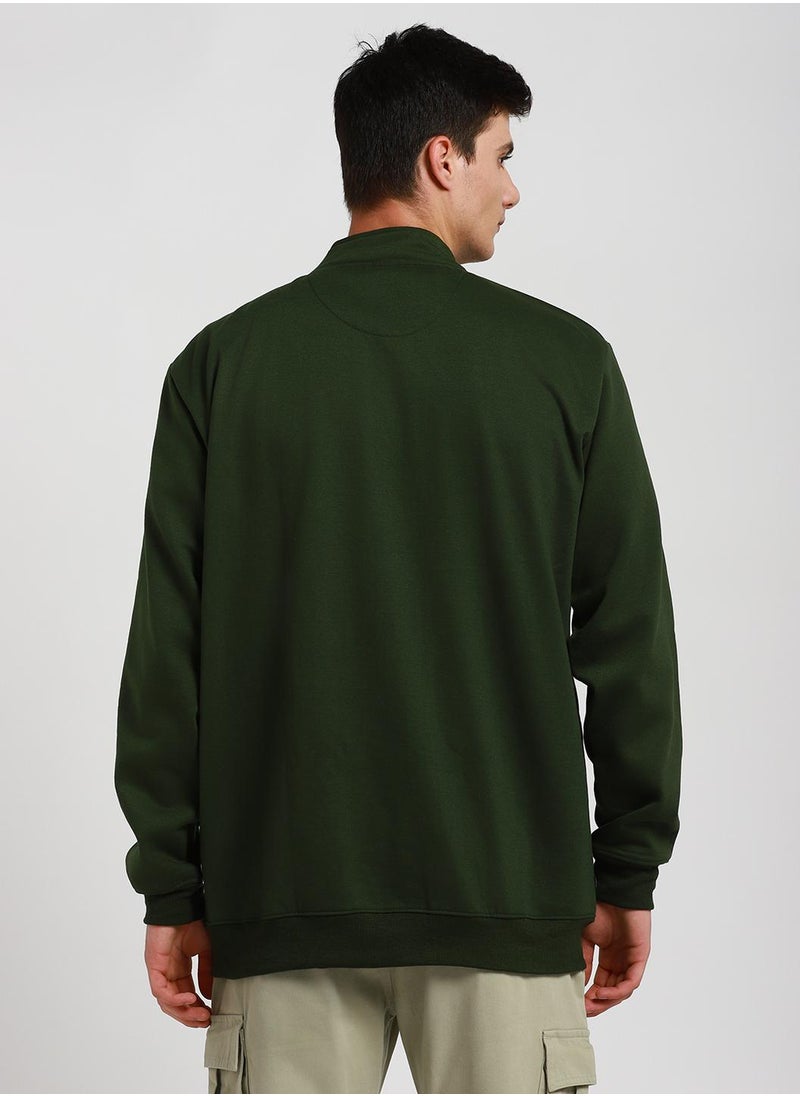 Regular Fit Olive Mock Neck Sweatshirt for Men - Polycotton, Solid, Full Sleeves, Knitted Fabric