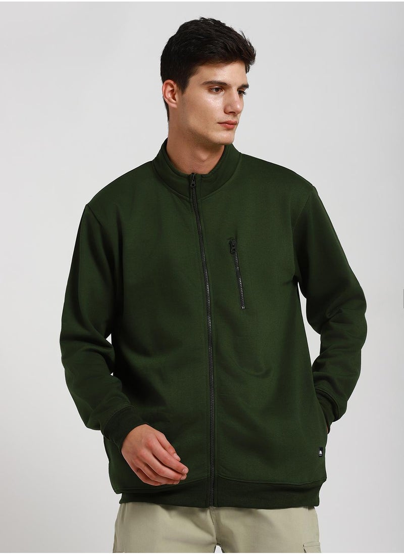 Regular Fit Olive Mock Neck Sweatshirt for Men - Polycotton, Solid, Full Sleeves, Knitted Fabric