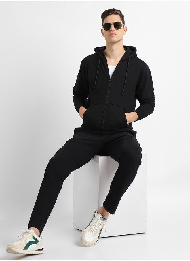 Regular Fit Black Solid Hooded Sweatshirt for Men - Polycotton, Full Sleeves