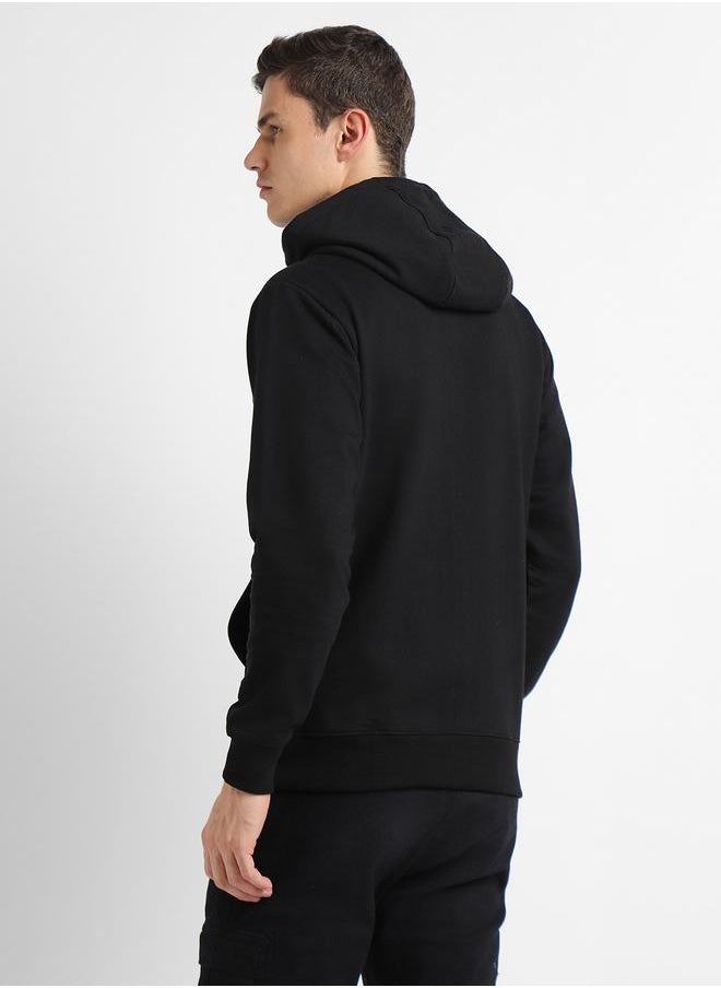 Regular Fit Black Solid Hooded Sweatshirt for Men - Polycotton, Full Sleeves