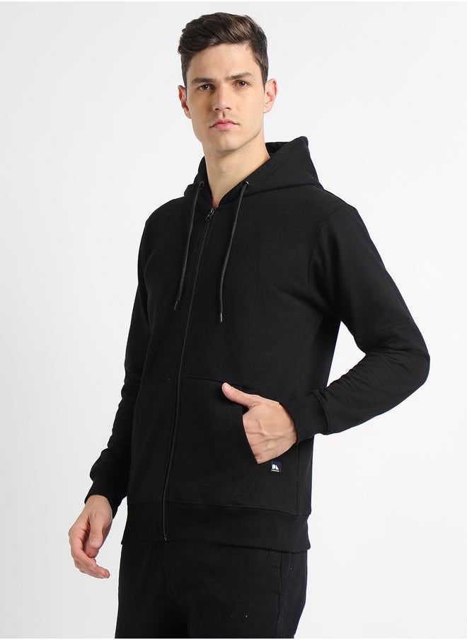 Regular Fit Black Solid Hooded Sweatshirt for Men - Polycotton, Full Sleeves