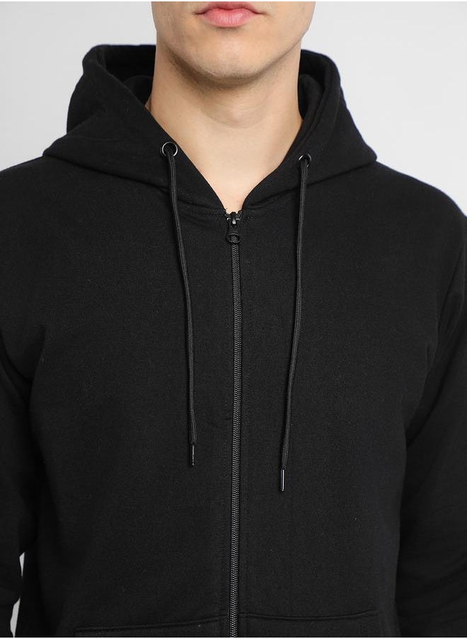 Regular Fit Black Solid Hooded Sweatshirt for Men - Polycotton, Full Sleeves