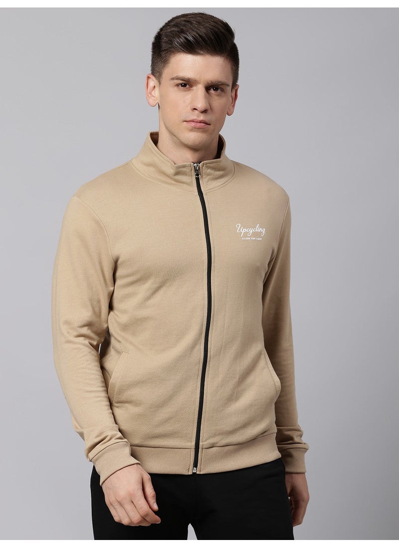 Regular Fit Khaki Sweatshirt for Men - Polycotton, Solid, Mock Neck, Full Sleeves, Knitted Fabric