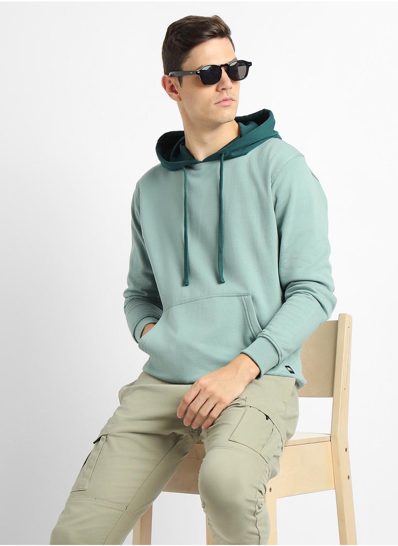 Regular Fit Sea Green Solid Hooded Sweatshirt for Men - Polycotton, Full Sleeves