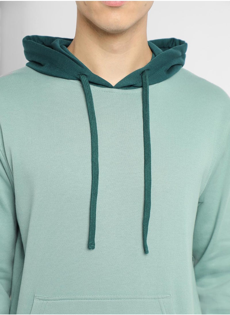 Regular Fit Sea Green Solid Hooded Sweatshirt for Men - Polycotton, Full Sleeves