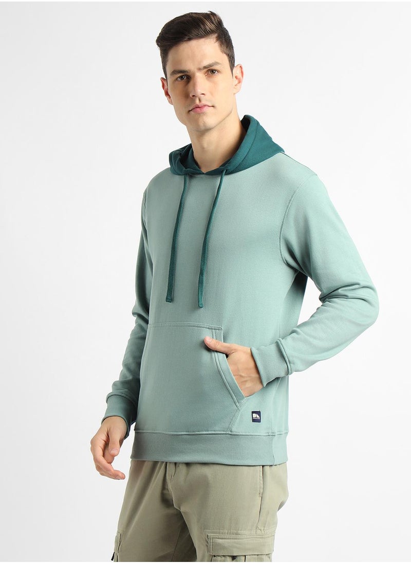 Regular Fit Sea Green Solid Hooded Sweatshirt for Men - Polycotton, Full Sleeves