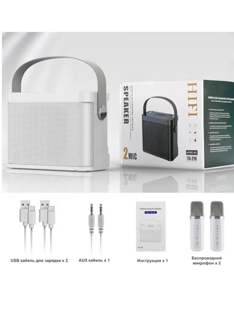 YS-219 Karaoke Machine with 2 Wireless Microphones, Portable Bluetooth Speaker with LED Lights, Built-in FM Radio, Rechargeable Battery, Perfect for Parties, Home Entertainment, Singing & Music Lovers