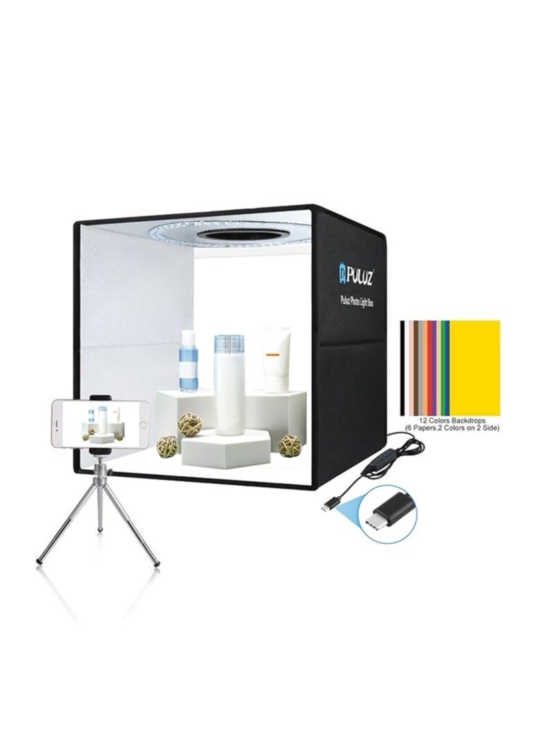 PULUZ Photo Studio Box, 40cm Folding Lightbox LED Ring Light Portable Photo Studio Photography Shooting Tent Box Kit 12 Colors Backdrops USB Light Box for Phones DSLR Camera 16 x 16 inch