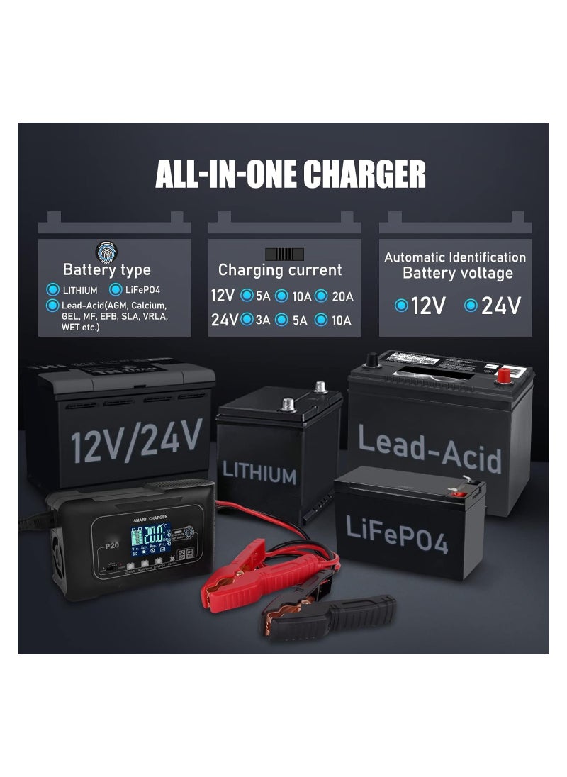 20A Smart Battery Charger for Lithium, LiFePO4, and Lead-Acid (AGM/Gel/SLA) Batteries - 12V/20A & 24V/10A Trickle Charger and Maintainer for Boats, Motorcycles, and Lawn Mowers.