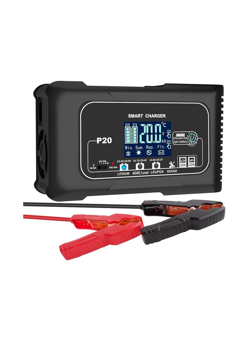 20A Smart Battery Charger for Lithium, LiFePO4, and Lead-Acid (AGM/Gel/SLA) Batteries - 12V/20A & 24V/10A Trickle Charger and Maintainer for Boats, Motorcycles, and Lawn Mowers.