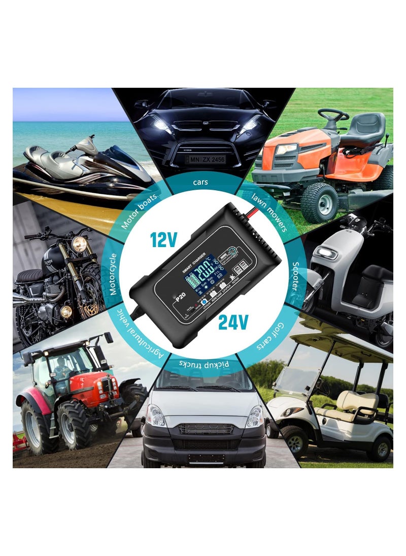 20A Smart Battery Charger for Lithium, LiFePO4, and Lead-Acid (AGM/Gel/SLA) Batteries - 12V/20A & 24V/10A Trickle Charger and Maintainer for Boats, Motorcycles, and Lawn Mowers.