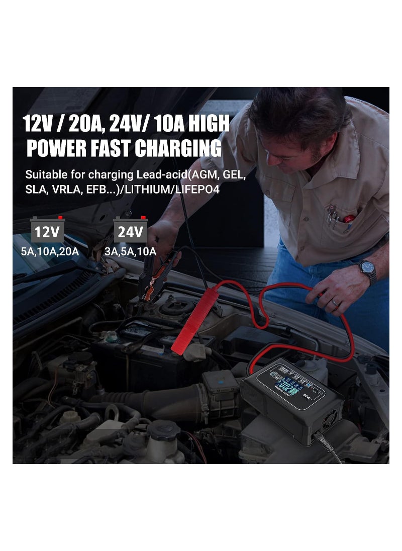 20A Smart Battery Charger for Lithium, LiFePO4, and Lead-Acid (AGM/Gel/SLA) Batteries - 12V/20A & 24V/10A Trickle Charger and Maintainer for Boats, Motorcycles, and Lawn Mowers.