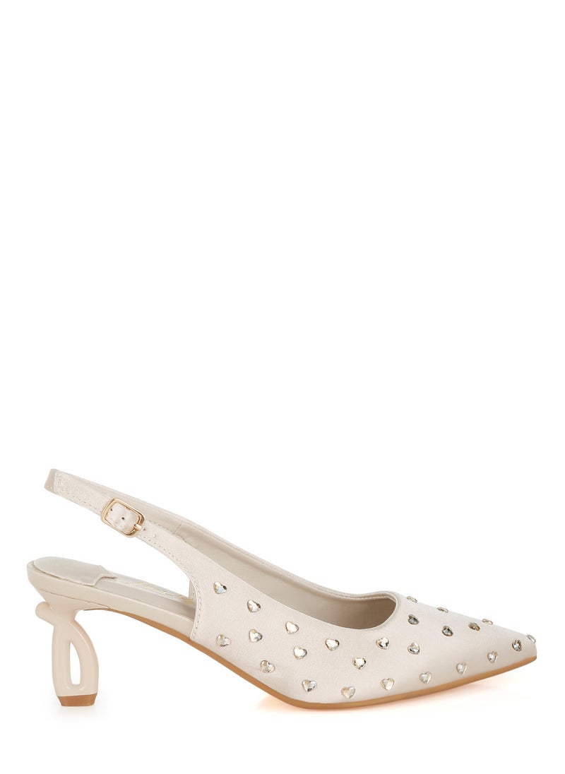 Heart-Shaped Rhinestone Studded Slingbacks in Beige