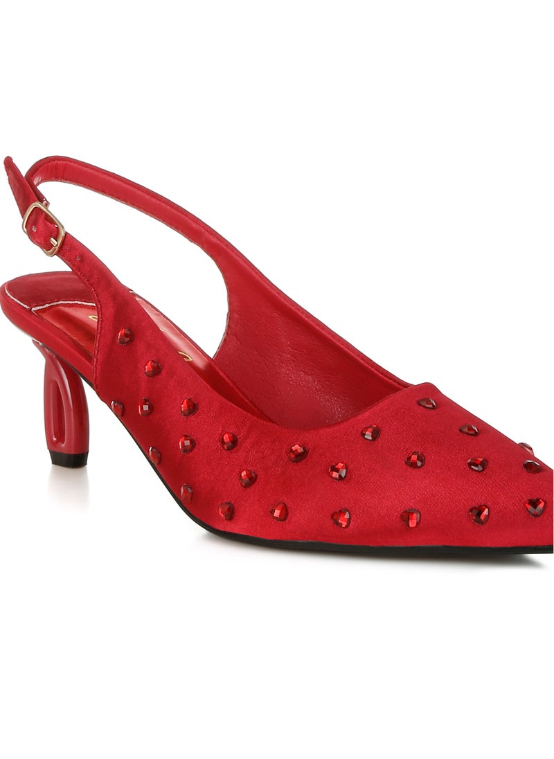 Heart-Shaped Rhinestone Studded Slingbacks in Burgundy