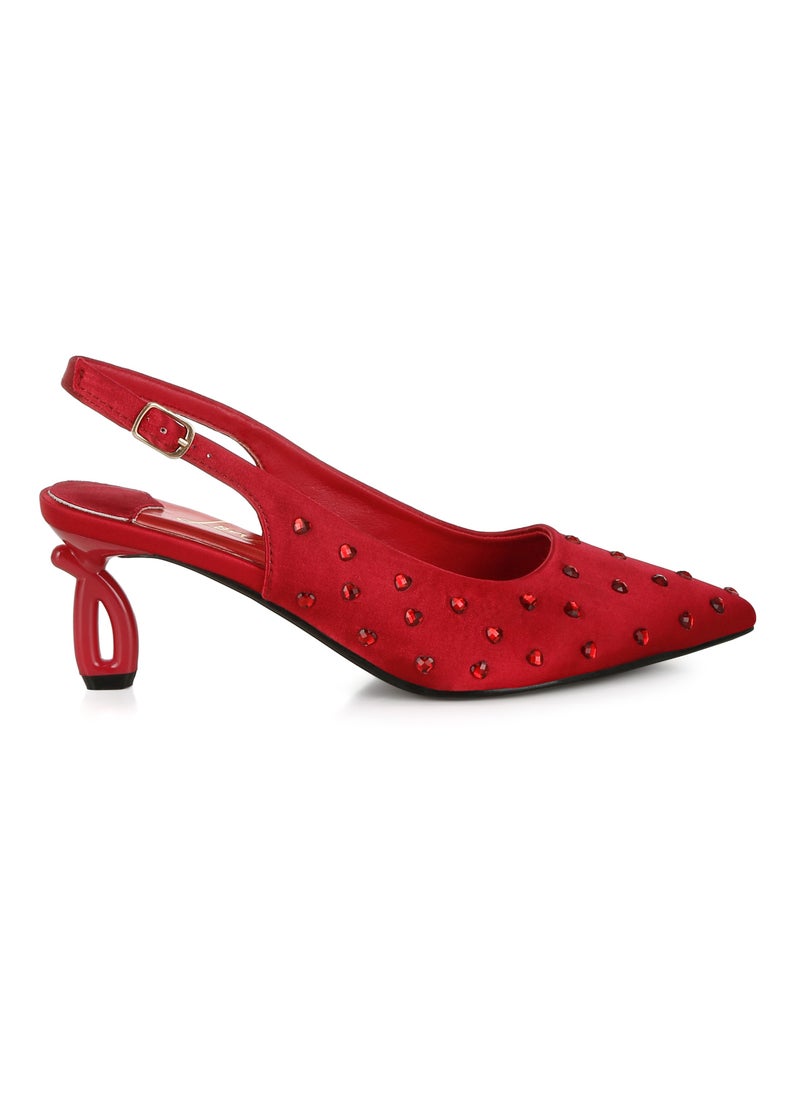 Heart-Shaped Rhinestone Studded Slingbacks in Burgundy