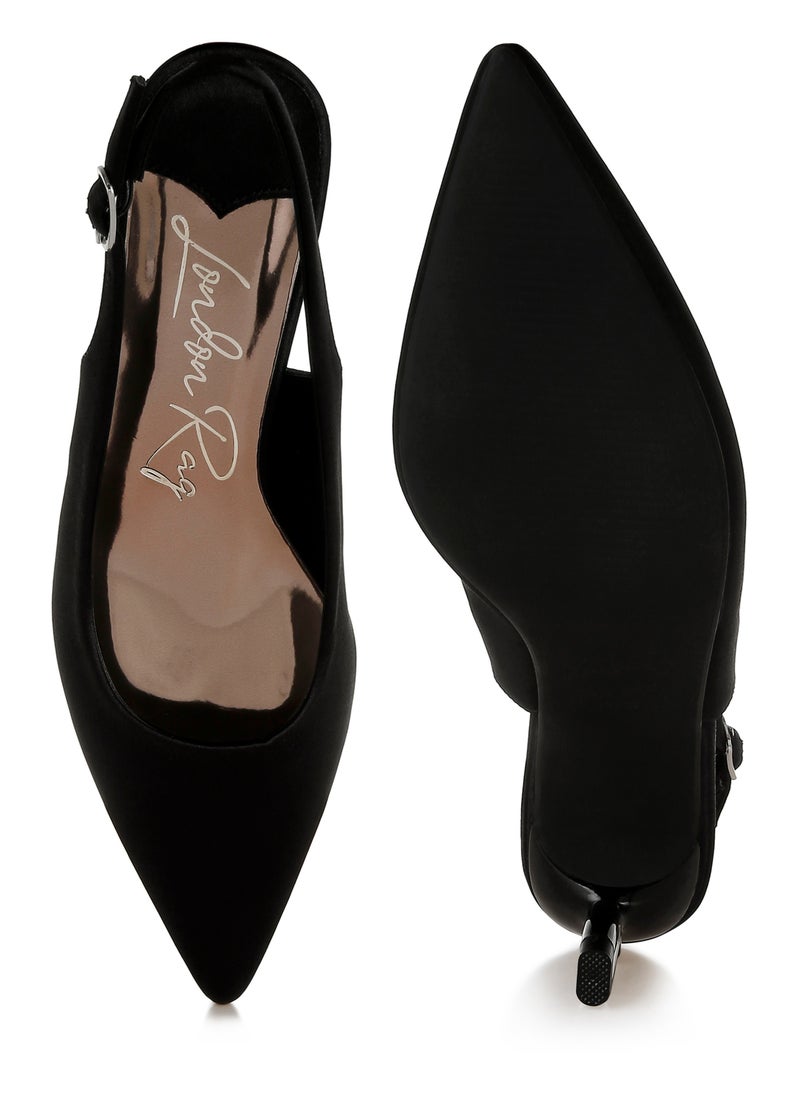 Satin Pointed Toe Slingbacks in Black